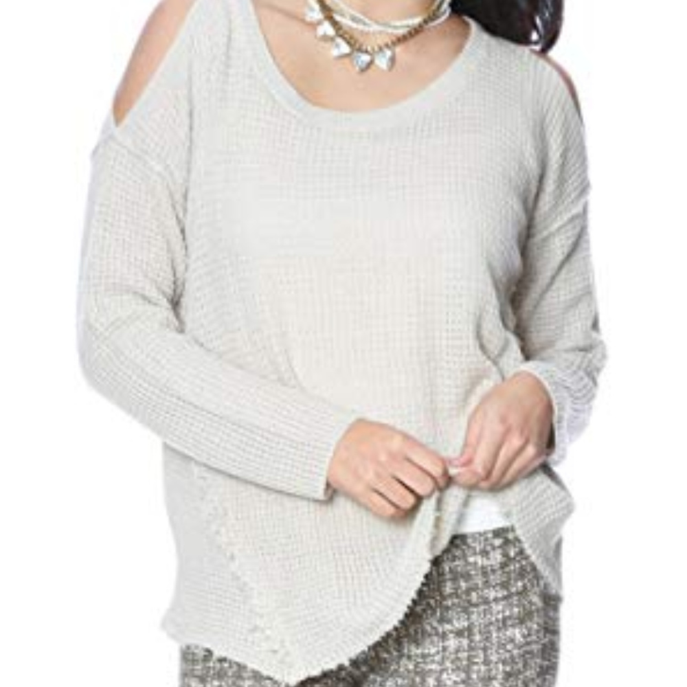Grayson Shop Cold Shoulder Raw Edge Sweater